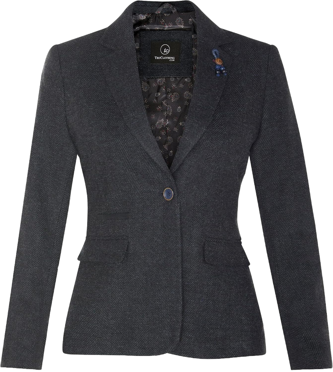 Women's Tweed Navy Blue Herringbone Classic 1920s Formal Wool Tailored Blazer with Elbow Patches 14