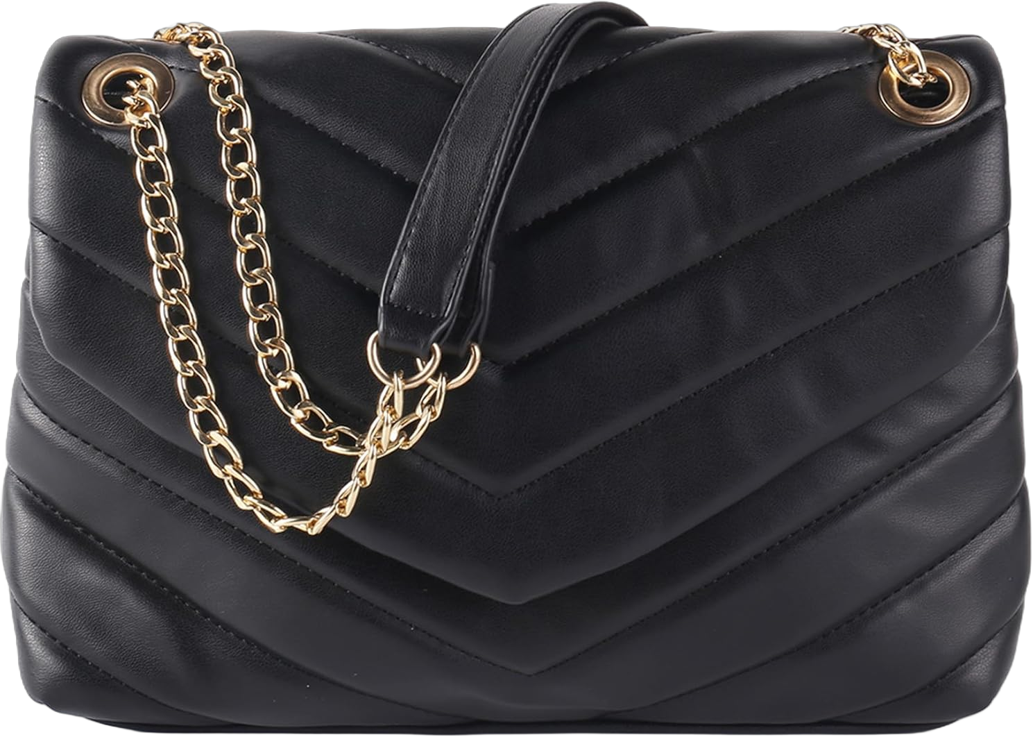 Quilted Crossbody Bag for Women, Soft Vegan Leather Chevron Purses, Trendy Shoulder Handbags with Gold Chain Strap (Black)