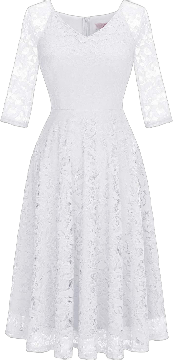 Dressystar Womens Long-Sleeve A-Line Lace Homecoming Bridesmaid Midi Dress Wedding Guest Formal Party Dresses 2024 Prom Gown White Small