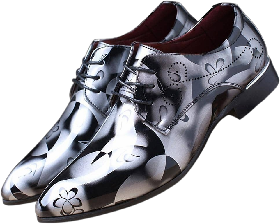 Men Dress Shoes Lace Up Oxford Shoes Pointed Toe Floral Patent Leather Shoes Grey Casual Shoes