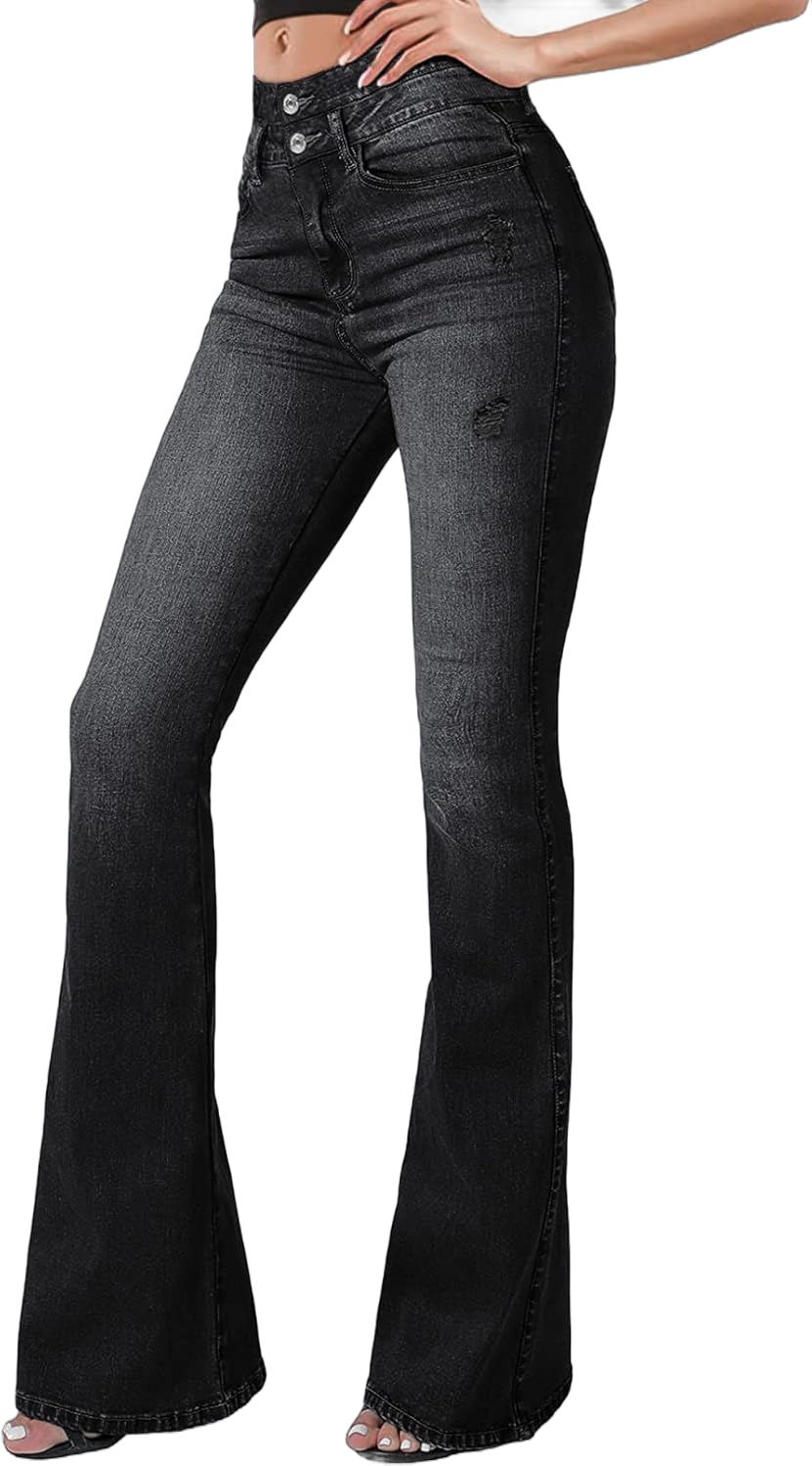 Sidefeel Women High Waisted Destroyed Flared Jeans Bell Bottom Denim Pants