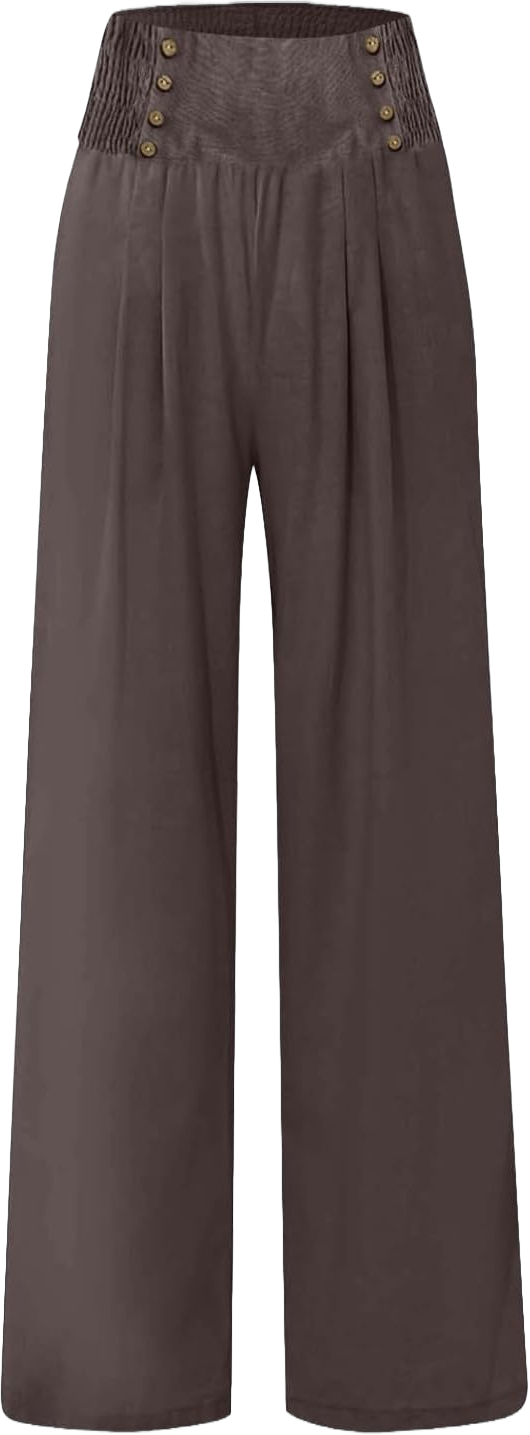 Linen Pants Women Summer Flowy Wide Leg Pants Trousers High Waisted Comfy Beach Palazzo Pants with Pockets X-Large E015- Brown