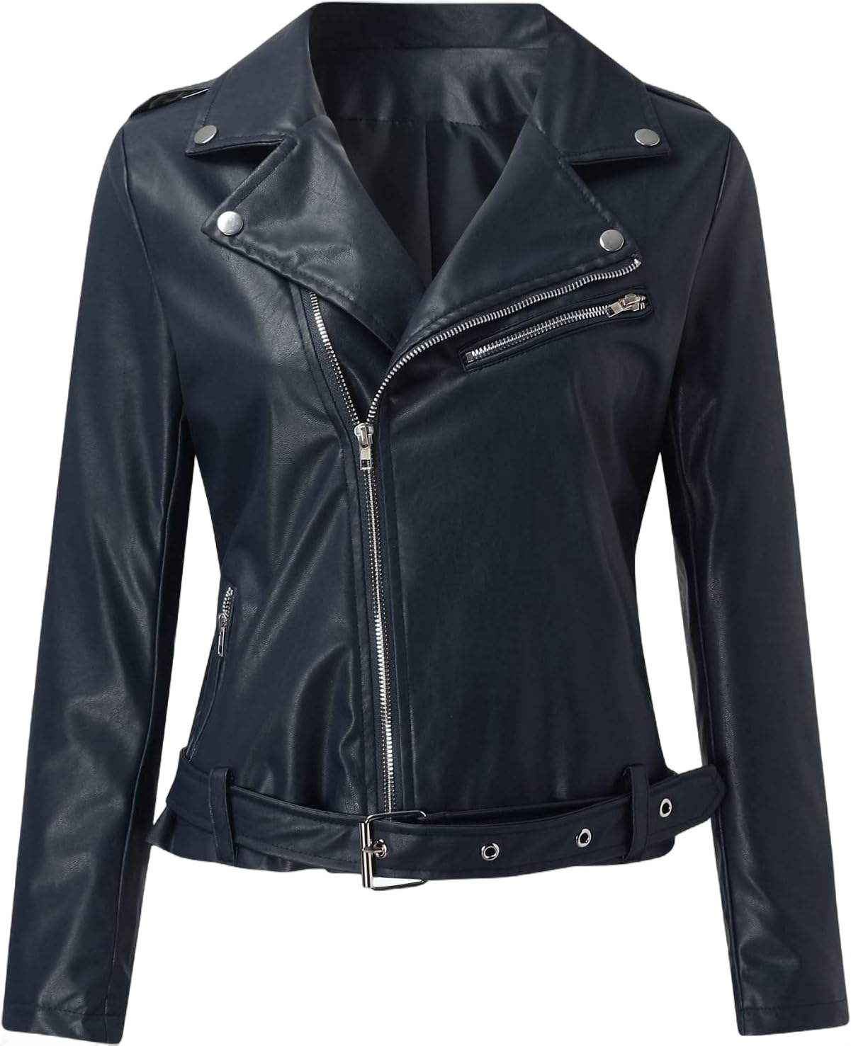 Womens Faux Leather Zip Up Moto Biker Jacket Solid Collar Color Zipper Women's Coat Short Lightweight Fashion