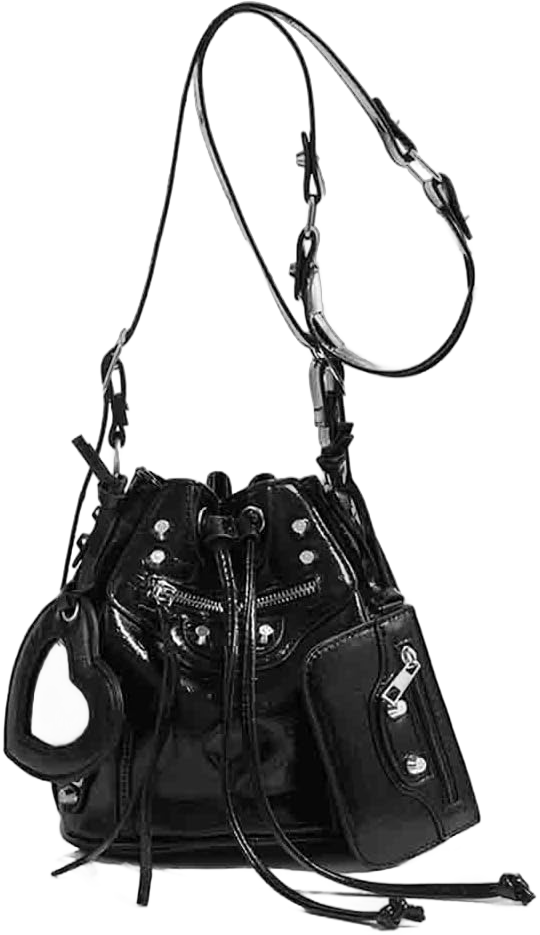 Women's Riveted Bucket Bag Satchel Purse, PU Leather Drawstring Hobo Crossbody Wallet, Gothic Punk Studded Shoulder Handbag Black