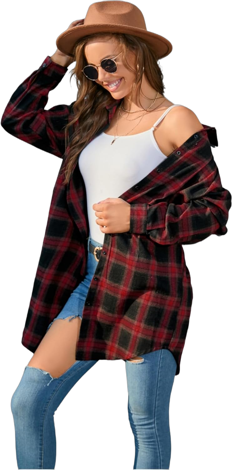 NENZHE Oversized Women's Long Sleeve Flannel Shirt, Long Plaid Jacket, Can Be Used As Dressy Short Dress Jacket XX-Large Red