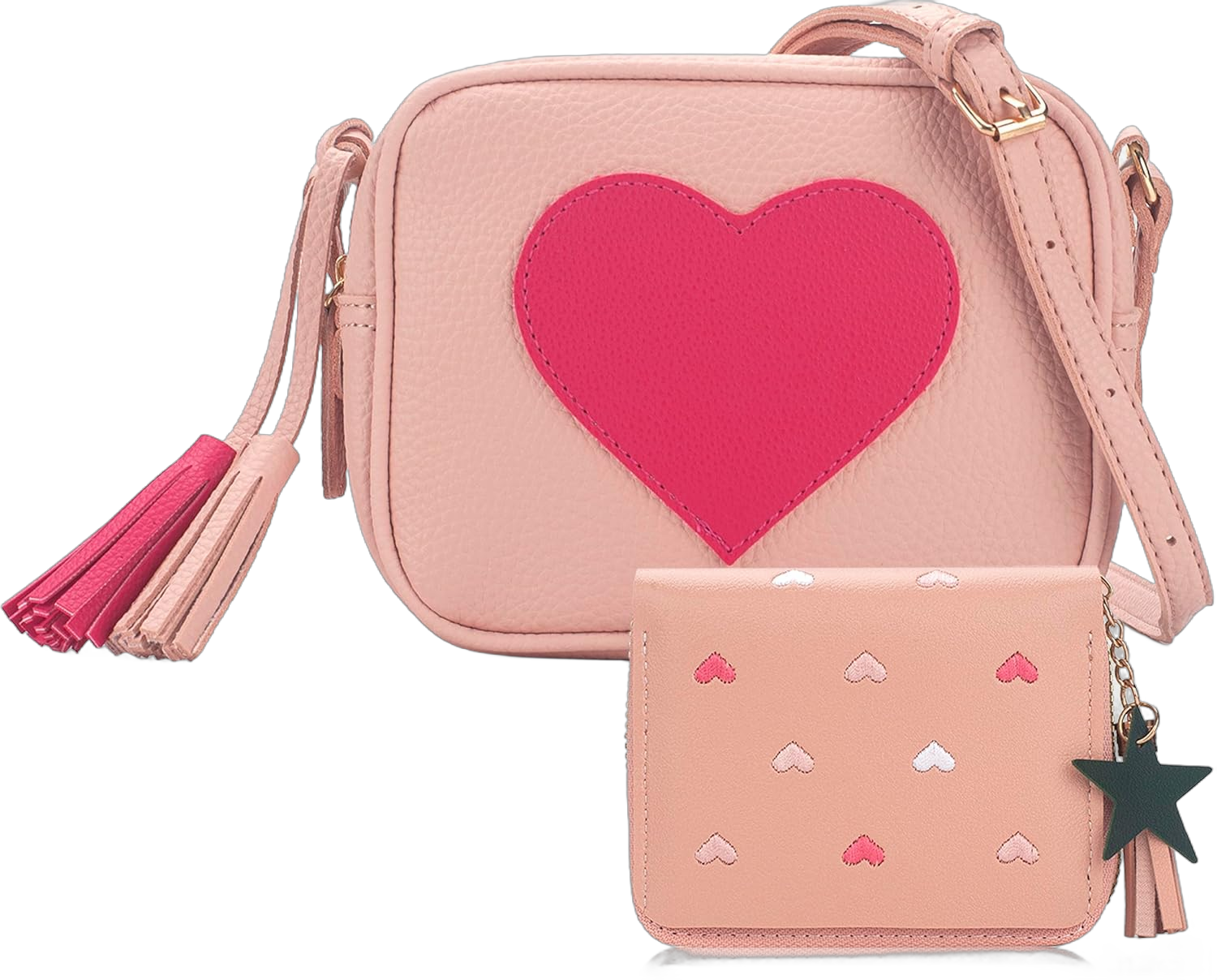 Girls Purse for Kids, Toddler Heart Purse with Teens Girls Wallet and Tassel, Girls Crossbody Bag Gift for Christmas Pink