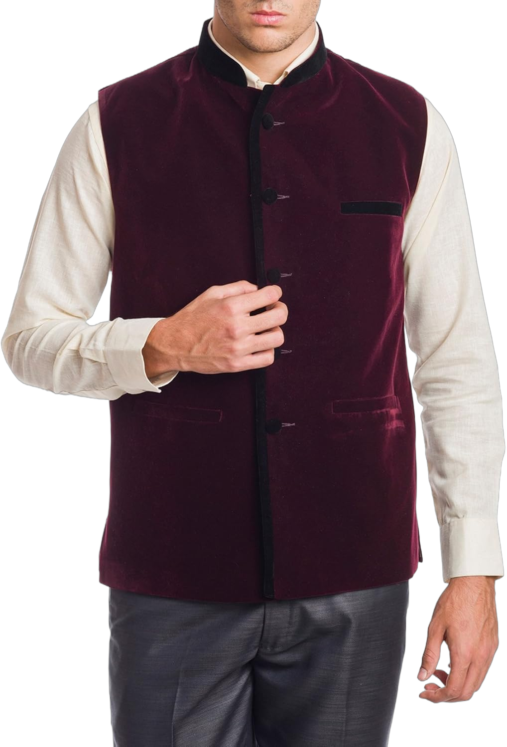 WINTAGE Men's Velvet Bandhgala Party Nehru Jacket Waistcoat - Four Colors 36 Dark Maroon