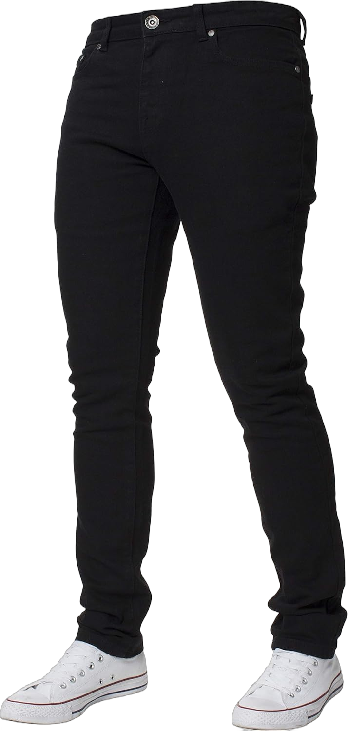 Kruze Designer Mens Skinny Fit Jeans Stretch Slim Denim Pants All Waist Leg Size 38W x 30L Black