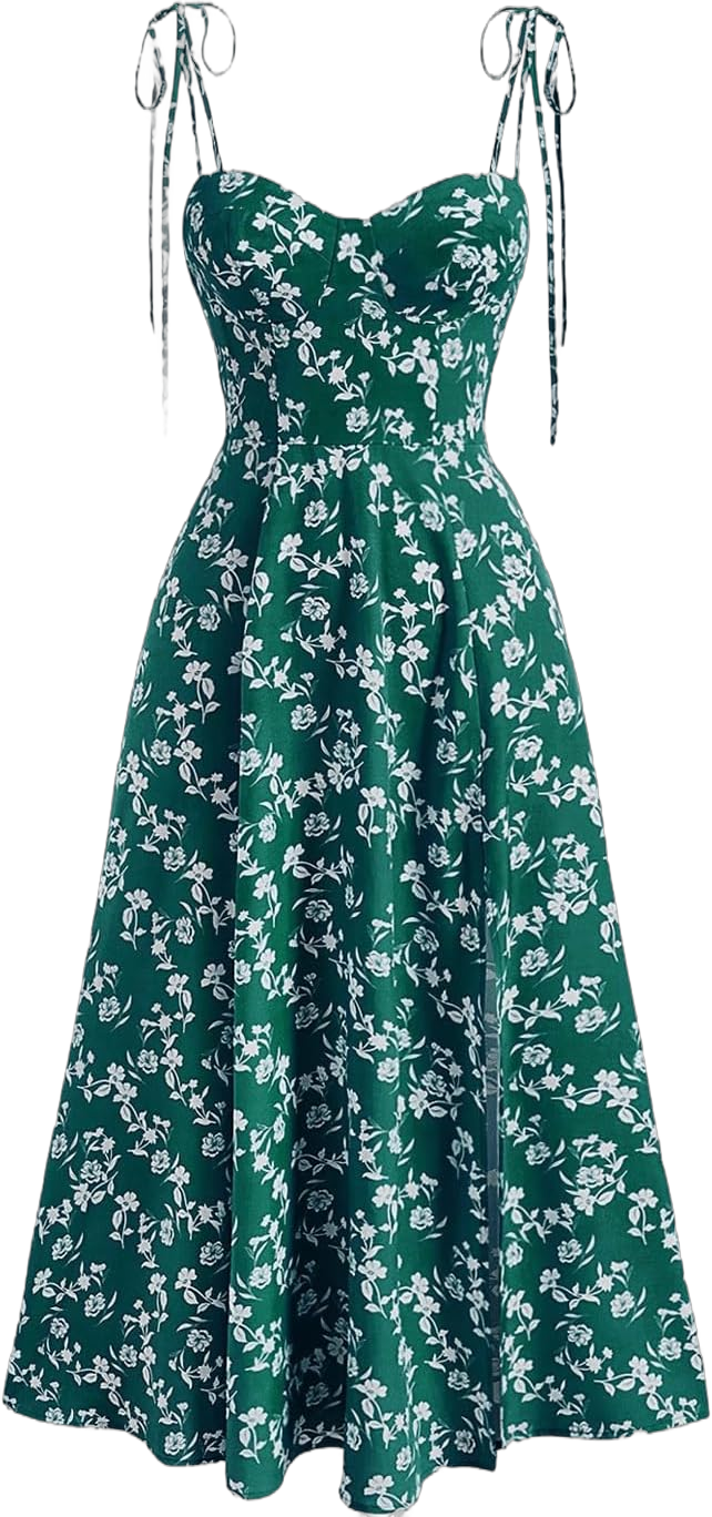 Milumia Women's Tie Shoulder Floral Print Cami Dress Split Flare Hem Summer Midi Dress X-Small Green