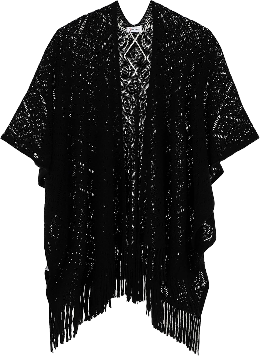 Knit Shawl Wrap for Women - Soul Young Ladies Fringe Knitted Poncho Cardigan Cape Black Block