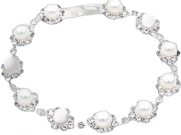 Womens Faux Pearl Link Bracelet Silver Tone Rhinestone Imitation Pearl Bracelets